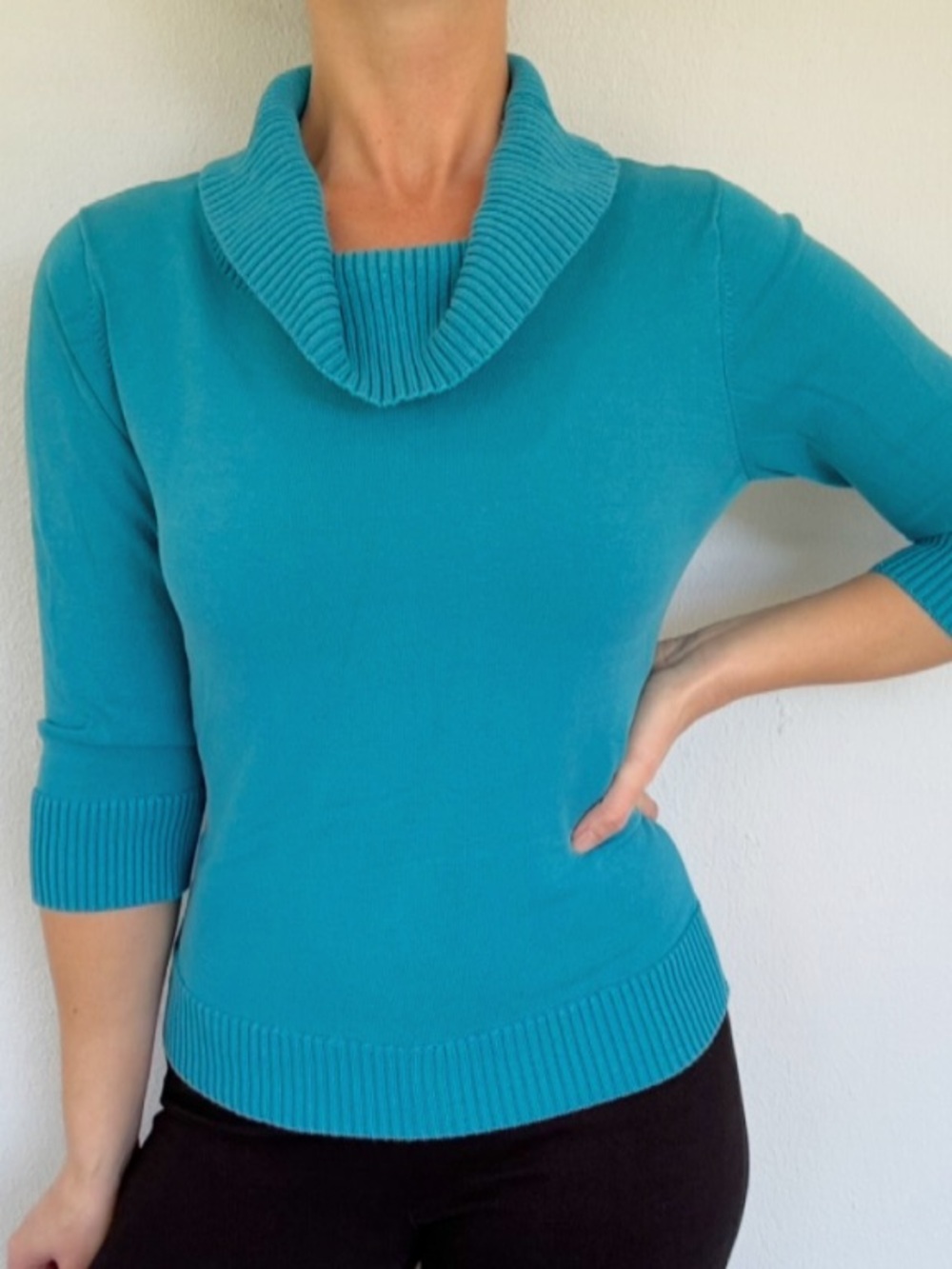 Evan Picone silk blend teal blue cowl neck 3/4 sleeve sweater size large